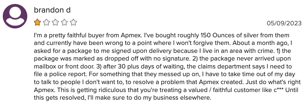 Apmex customer complaint 