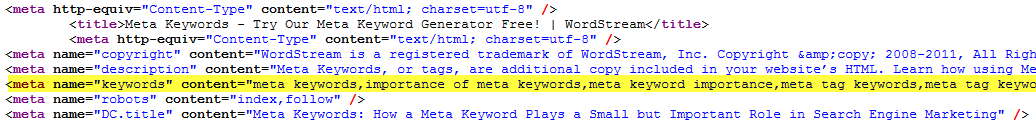 Screenshot example of Meta Keywords in a sites source code