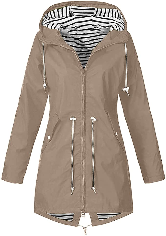 Women's Long Hooded Rain Jacket Outdoor Raincoat Windbreaker Stripe Lined Full Zip Trench Coat with Drawstring Pocket