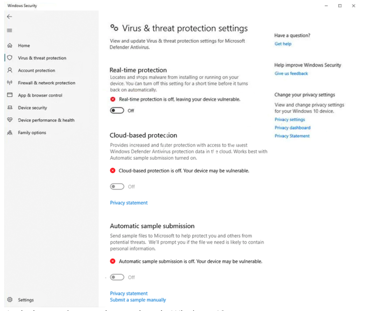 Anti-virus and protection settings in Windows 10 - Admira