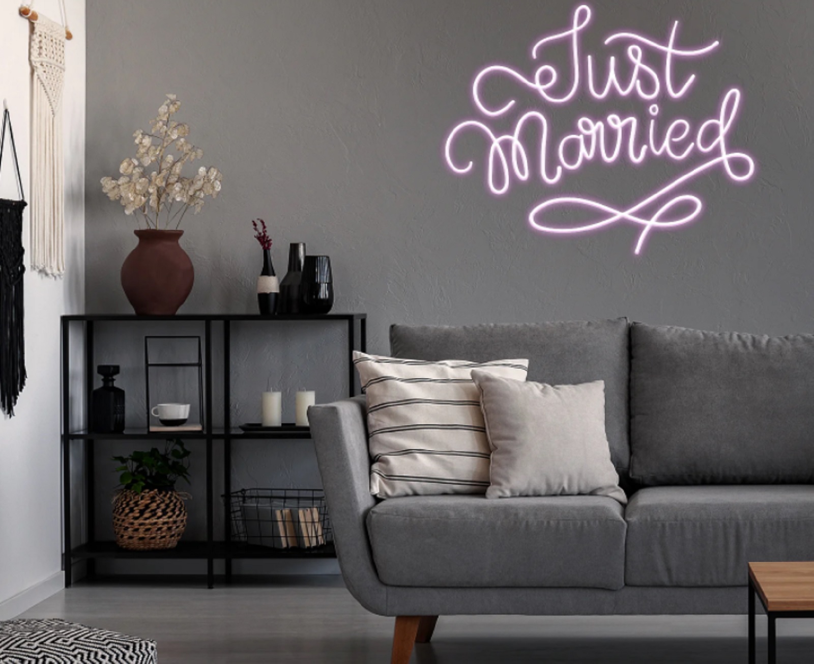 A Neonize wedding neon sign displayed in a living room