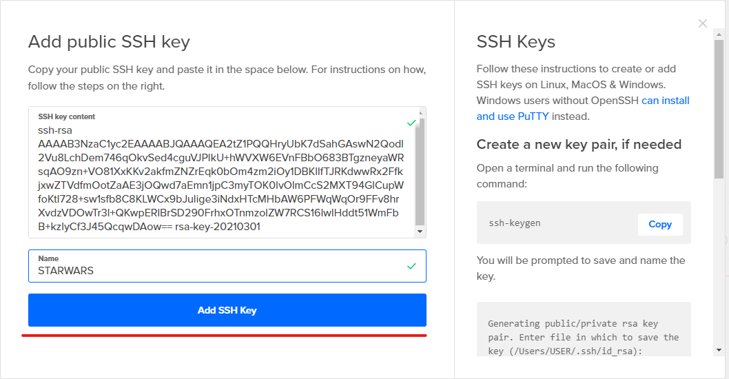 Adicionando chave SSH na DigitalOcean