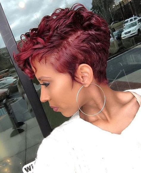 lady wearing red layered pixie cut 