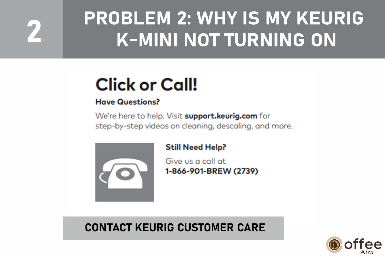 this image describes the "Contact Keurig Customer Care"of problem 2: why is my keurig k-mini not turning on for the article "How to use keurig-mini"