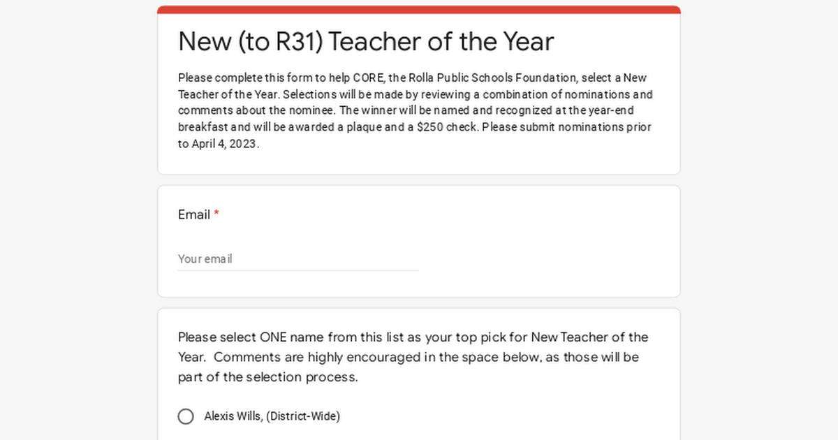 New (to R31) Teacher of the Year