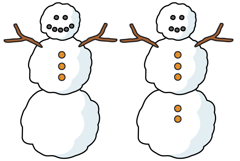 Two snow people. Both are made from 3 snowballs, have 2 sticks for arms, and 2 rocks for eyes. One has 5 rocks for a mouth and 3 buttons on the middle snowball for clothes. The other has 3 rocks for a mouth, 3 buttons on the middle snowball, and 2 buttons on the bottom snowball for clothes.