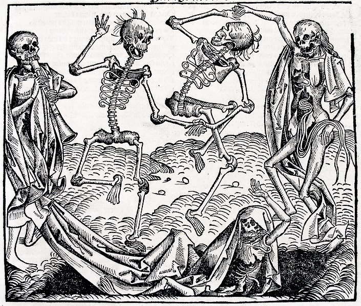 The dance of death, with skeletons dancing next to an open grave.