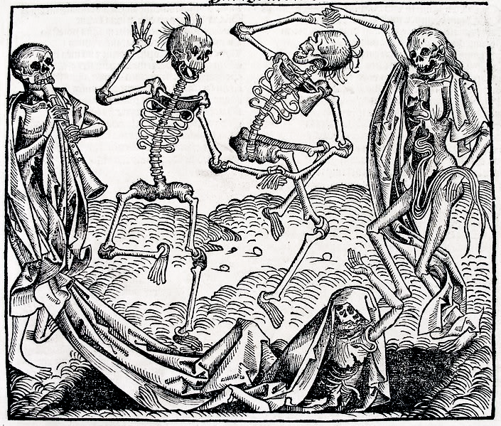 The dance of death, with skeletons dancing next to an open grave. One is playing a musical instrument and the dancing ones look like they are having a good time.