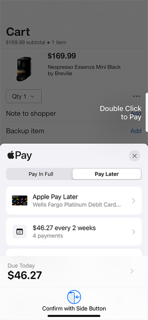 At checkout, users can select the “Pay Later” option instead of the “Pay in Full” option to enable Apple Pay Later. 