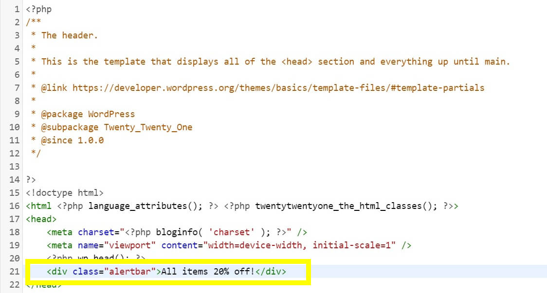 Example of PHP code addition in WordPress. WordPress Alert Message