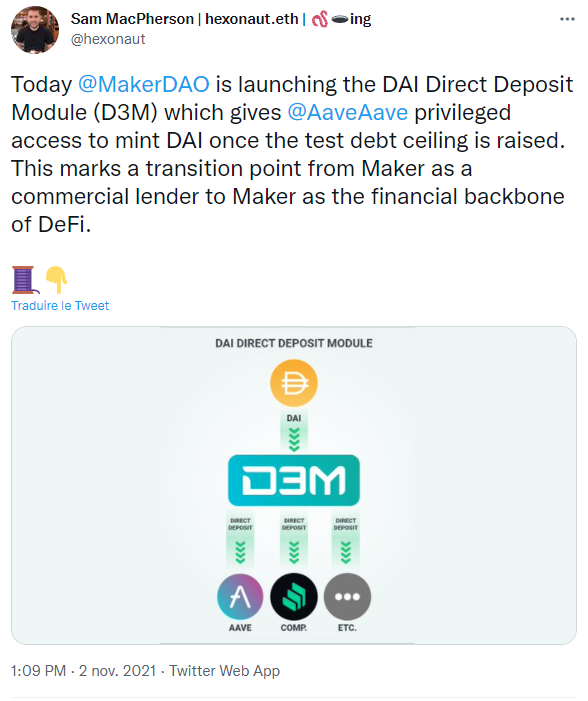 Publication Twitter Sam MacPherson - annonce du DAI Direct Deposit Module