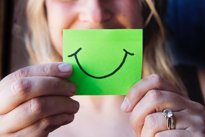 Persona con una carita sonriente dibujada en un trozo de papel frente a su cara. 