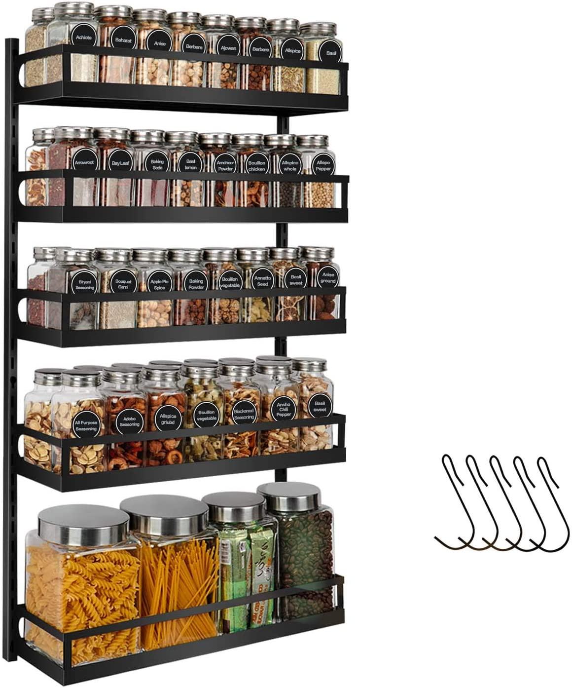 A spice rack for mounting on a pantry door.