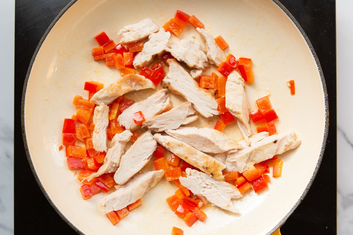 cooked turkey and bell peppers in a nonstick frying pan