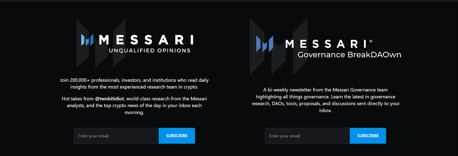 An image showcasing the two types of newsletters Messari has