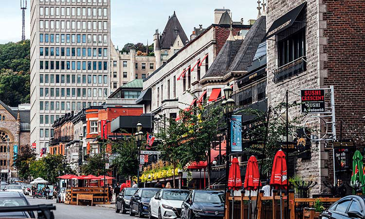 A daytime street scene in the Rosemont-La Petite-Patrie neighbourhood of Montreal.