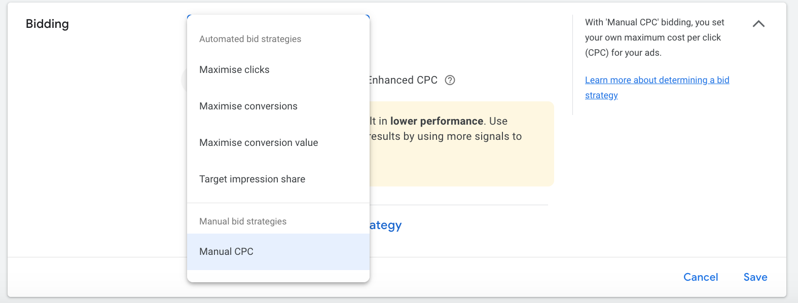 A screenshot showcasing the Google Ads campaign settings interface, highlighting the section where users can easily change their bidding strategy to optimize campaign performance.