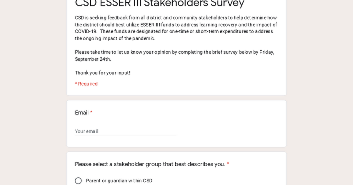 CSD ESSER III Stakeholders Survey