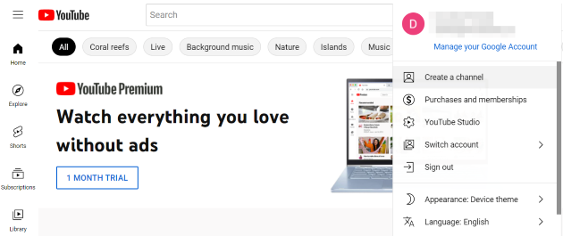 YouTube drop down menu highlight "create a channel"