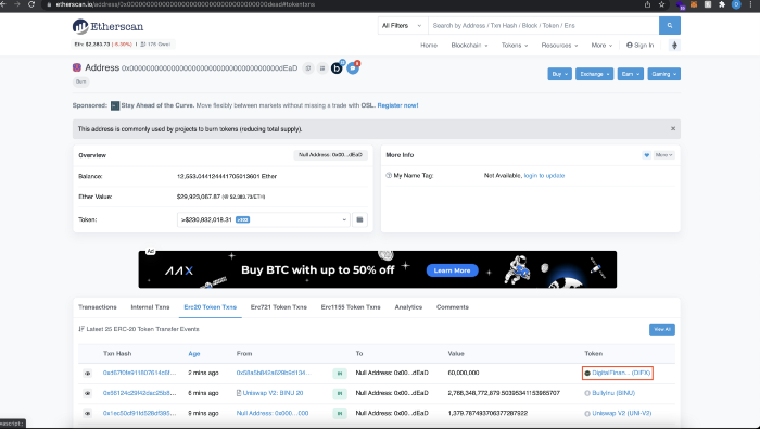 Token burning DIFX yang tercatat di Etherscan