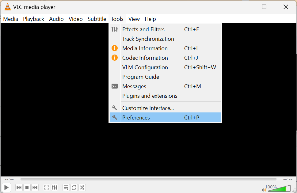 Open Preferences in VLC