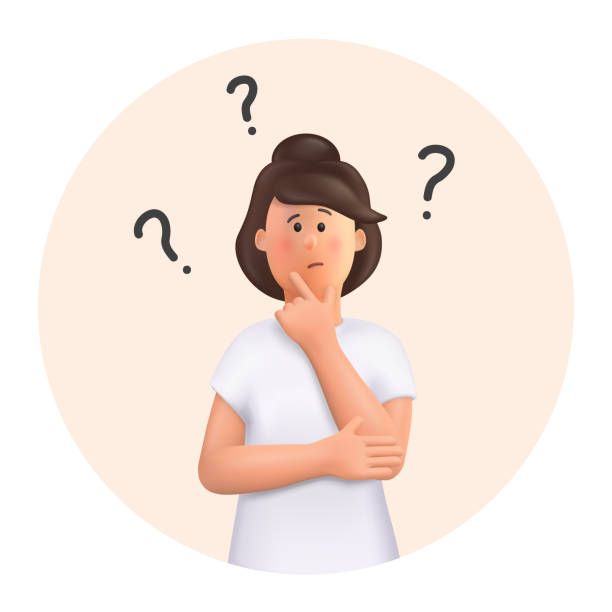 3D cartoon character. Young woman in a thoughtful pose. Choice concept, woman thinking, with question mark.  3d vector illustration. 3D cartoon character. Young woman in a thoughtful pose. Choice concept, woman thinking, with question mark.  3d vector illustration. thinking in 3d stock illustrations