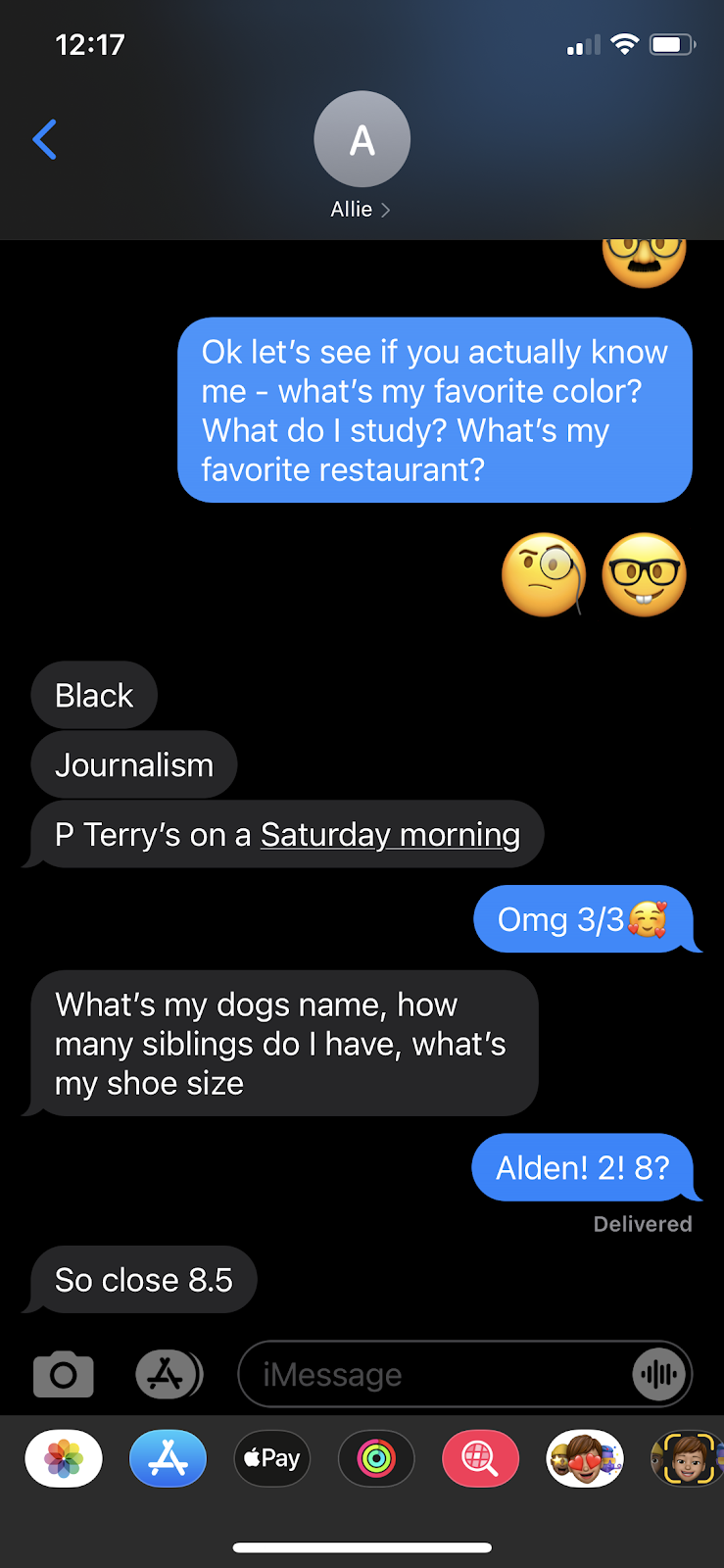 best texting game, images of texting between partners asking favorite color and shoe size to test knowledge