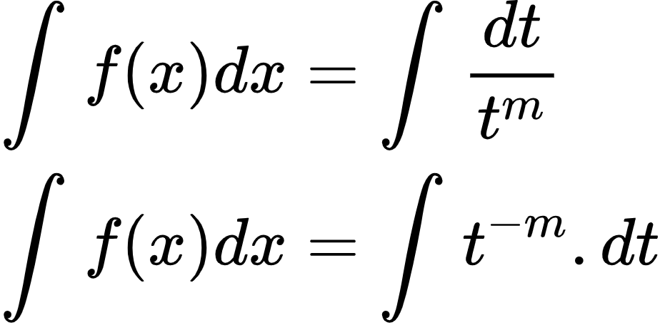 {"type":"align*","id":"2-1-0-1-1-1-1-1-1-1-1-1-1-1-1-1-0","font":{"size":10,"color":"#000000","family":"Arial"},"code":"\\begin{align*}\n{\\int_{}^{}f\\left(x\\right)dx}&={\\int_{}^{}\\frac{dt}{t^{m}}}\\\\\n{\\int_{}^{}f\\left(x\\right)dx}&={\\int_{}^{}t^{-m}.dt}\t\n\\end{align*}","ts":1600088667107,"cs":"UOz/s4liFXi9oZjMXg6GLA==","size":{"width":153,"height":76}}