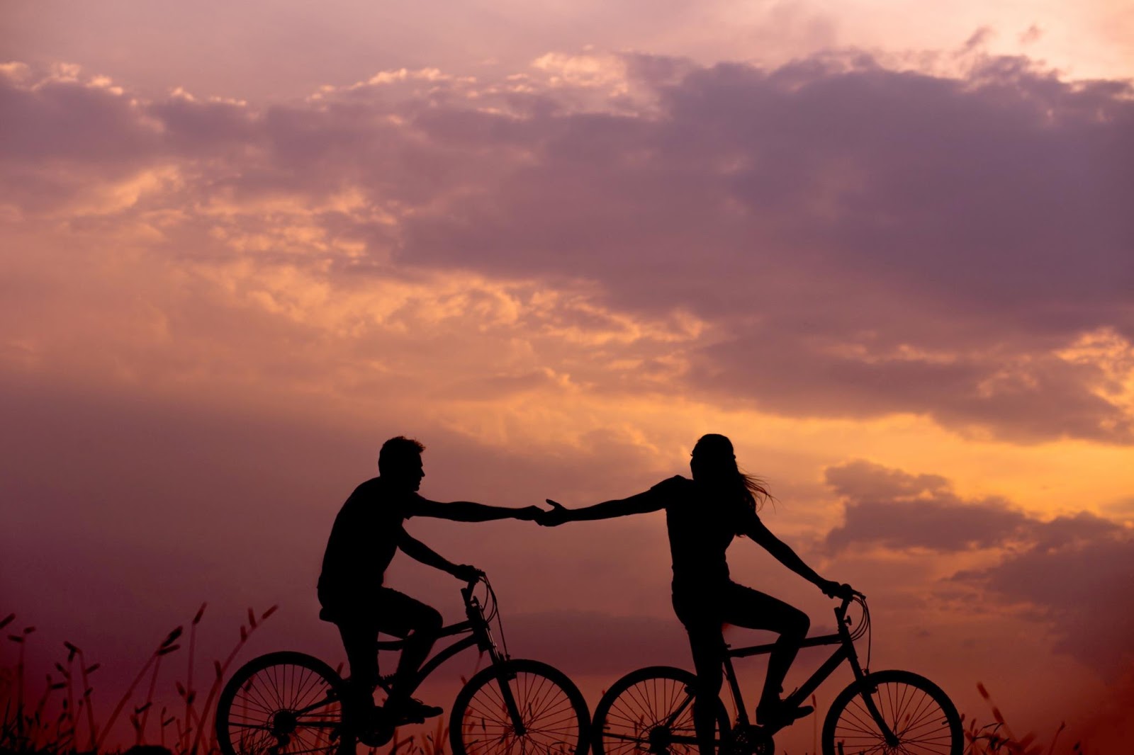 couple biking in the sunset
