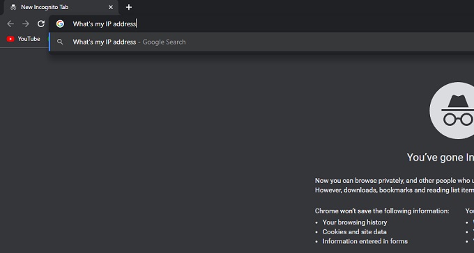 What is My IP Address typed into browser search with incognito window