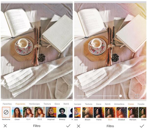 Foto de livros e xícara de chá sendo editados pelo AirBrush com o filtro Afterglow