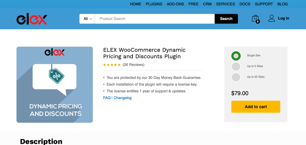 ELEX WooCommerce Dynamic Pricing and Discounts Plugin page.
