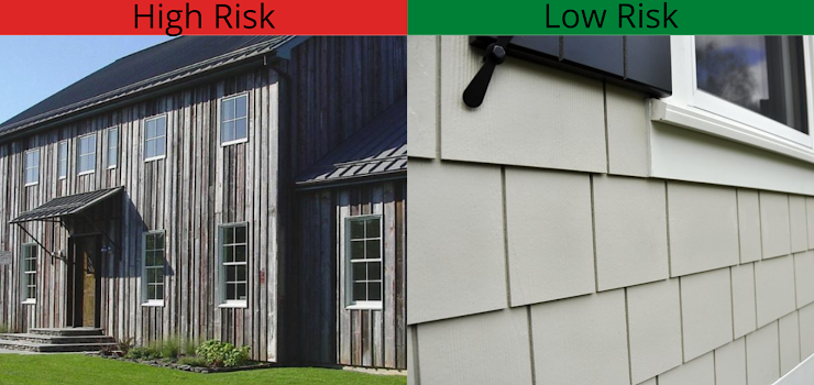 Wood siding is highly flammable, consider replacing with building materials, such as stucco, fiber cement wall siding, fire retardant, treated wood, or other approved materials.