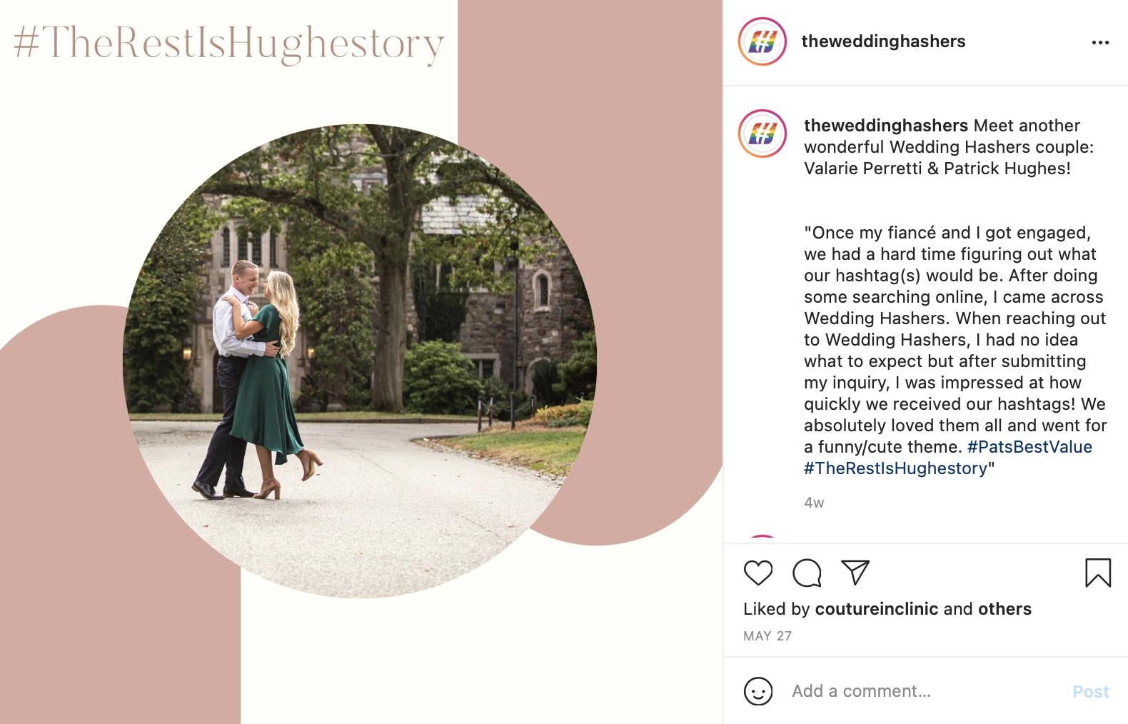 a couple holding each other in front of a brick building