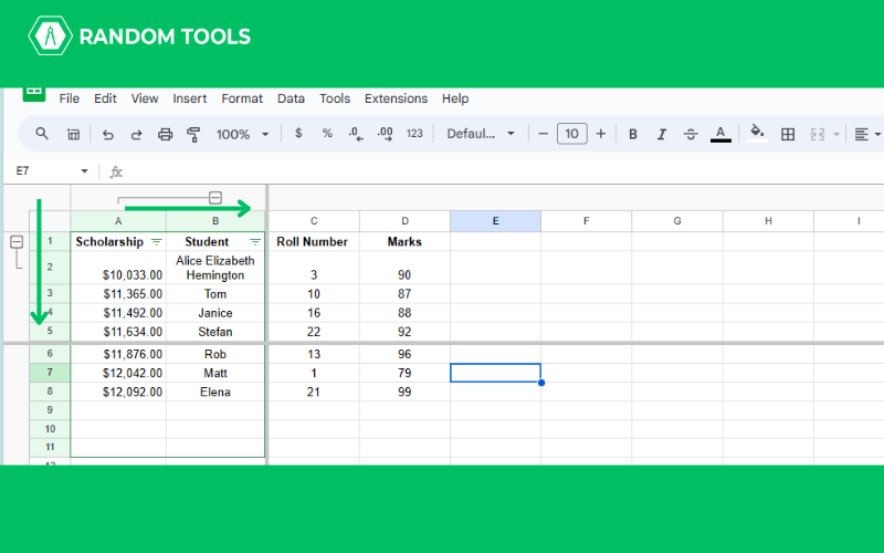 how to free a row in Google Sheets
