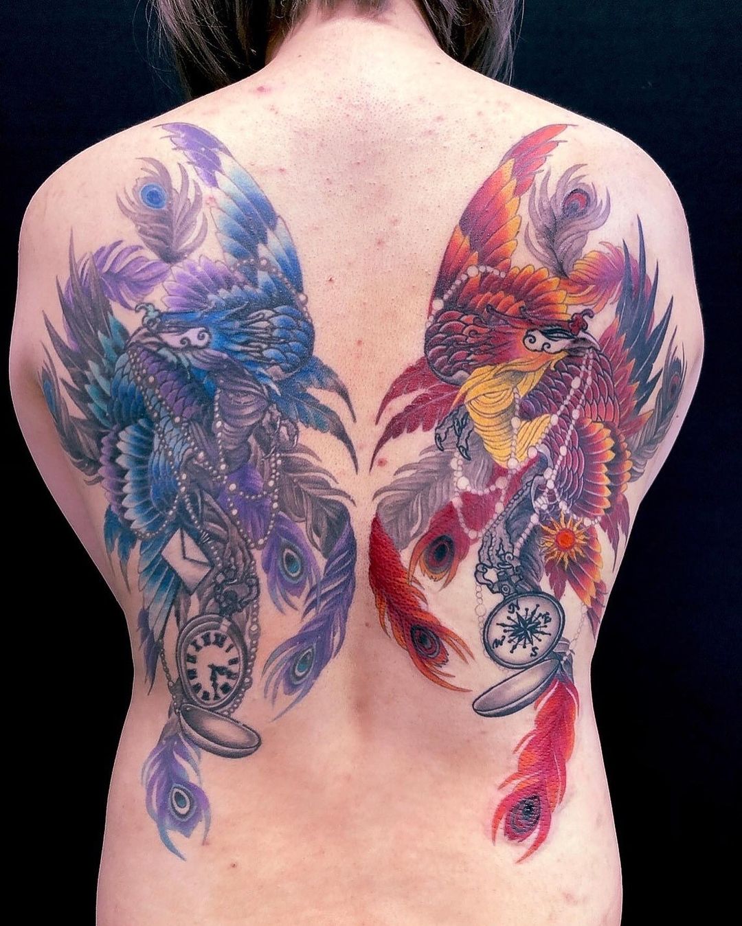 Red And Blue Phoenix Wing Tattoo