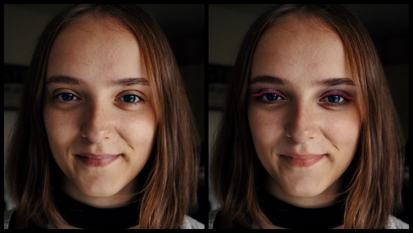 Montagem com 2 fotos da mesma mulher mostrando o antes e depois da edição da maquiagem Eve do AirBrush