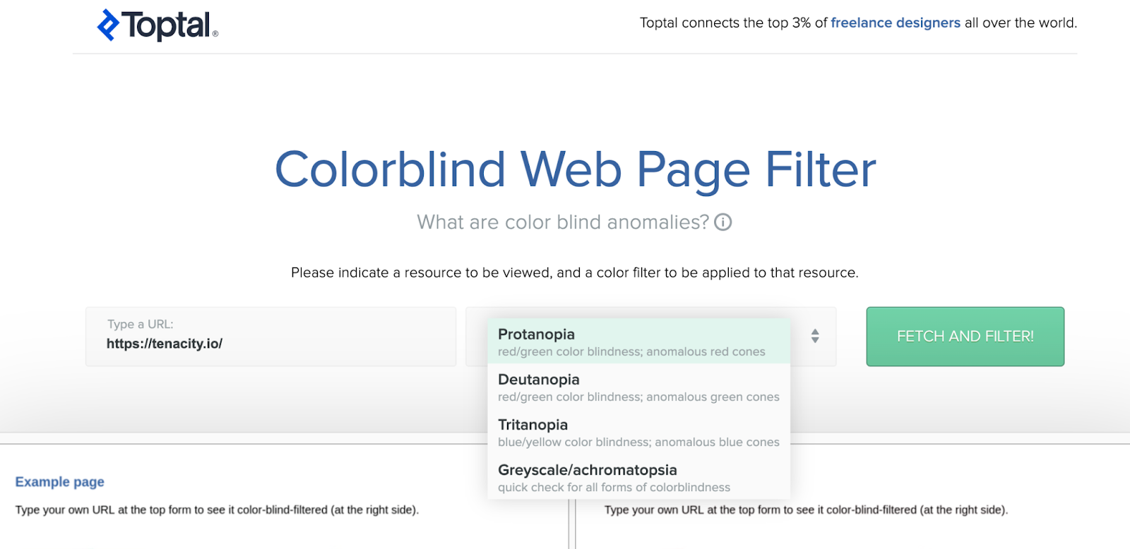A screen capture of the Toptal website accessibility tool search bar used to help with website colors.