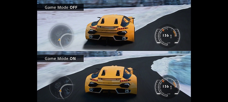 Split screen of a driving game with a yellow car going round a track in the snow. Showing Game Mode OFF on top and Game Mode ON on the bottom