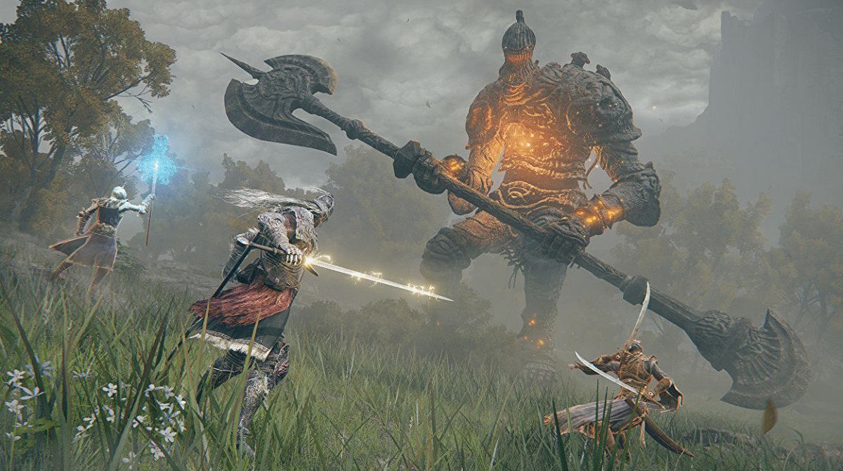 Characters attacking a huge knight