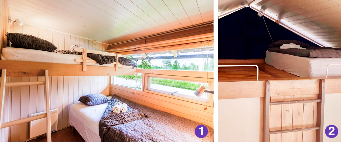 We have nine cabins with two bedrooms and one cabin with three bedrooms. Single room or shared room are the same kind of room (photo 1). Loft/hems has one sleeping space per cabin (photo 2). All cabins have a mini-kitchen and a shower.