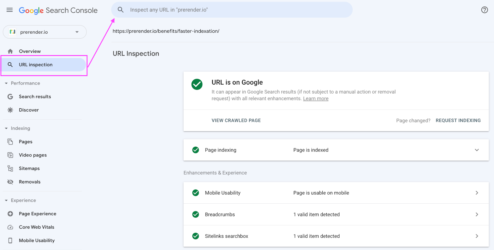 URL inspector tool