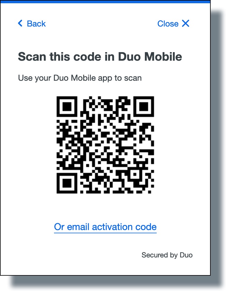 Scan the code by opening the Duo Mobile app, clicking on the plus sign in the app, and then holding the device up to the code on your computer.