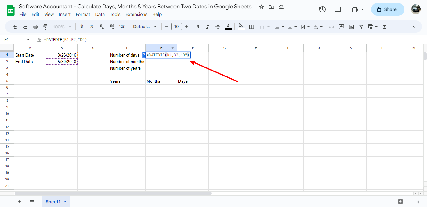 Calculate Days, Months & Years Between Two Dates in Google Sheets