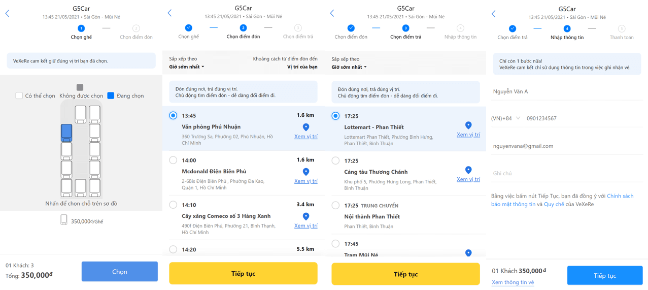 Chọn giờ, chỗ mong muốn, điểm đón/trả và điền đầy đủ thông tin.