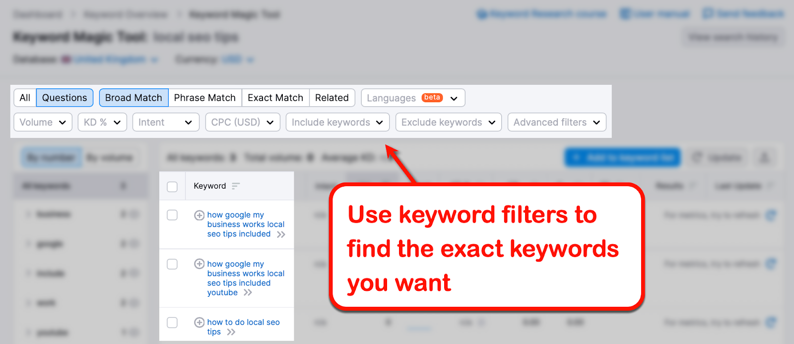 Filters to get better keyword research results