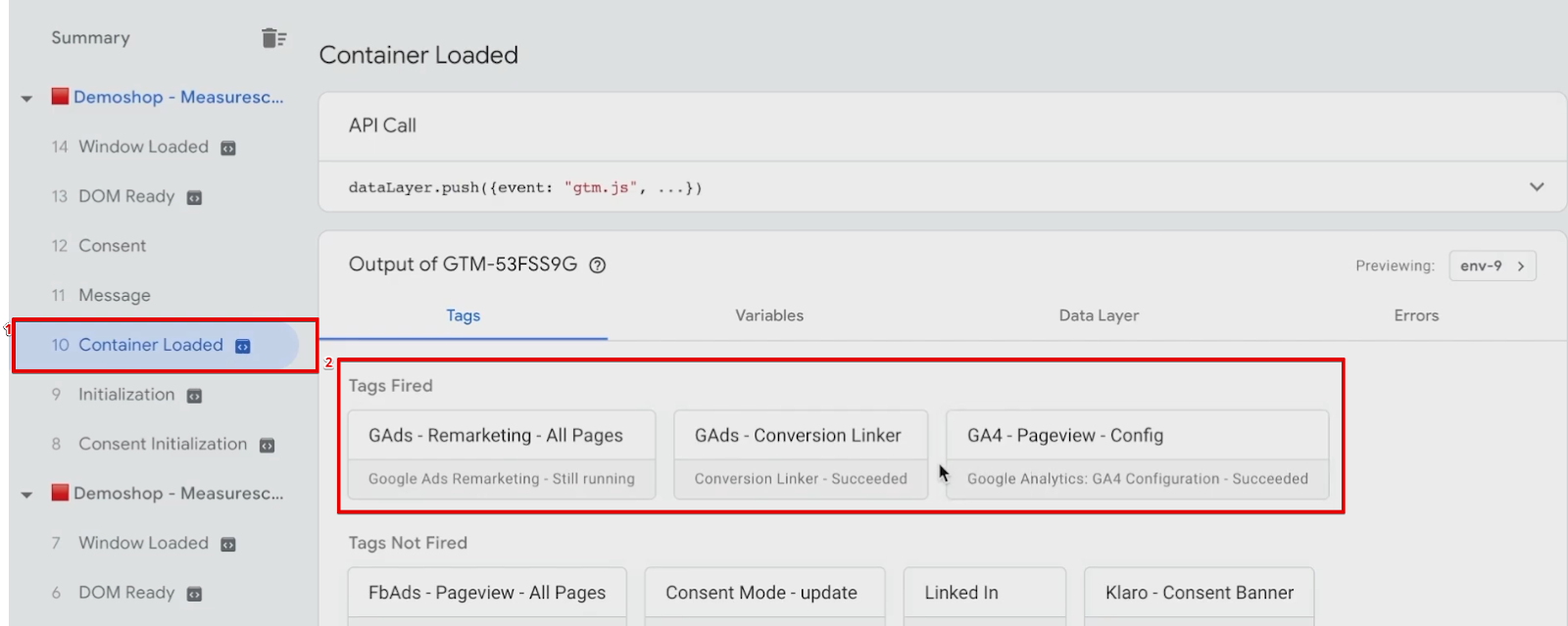 Analyzing fired Tags from the container loaded section of GTM preview window