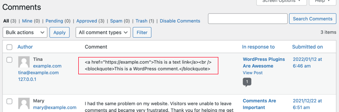Desencorajar links em comentários desabilitando HTML