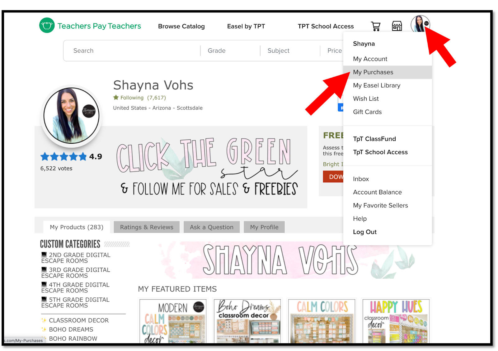 This image shows how to click on your picture then "My Purchases" on TpT to re-download a product.