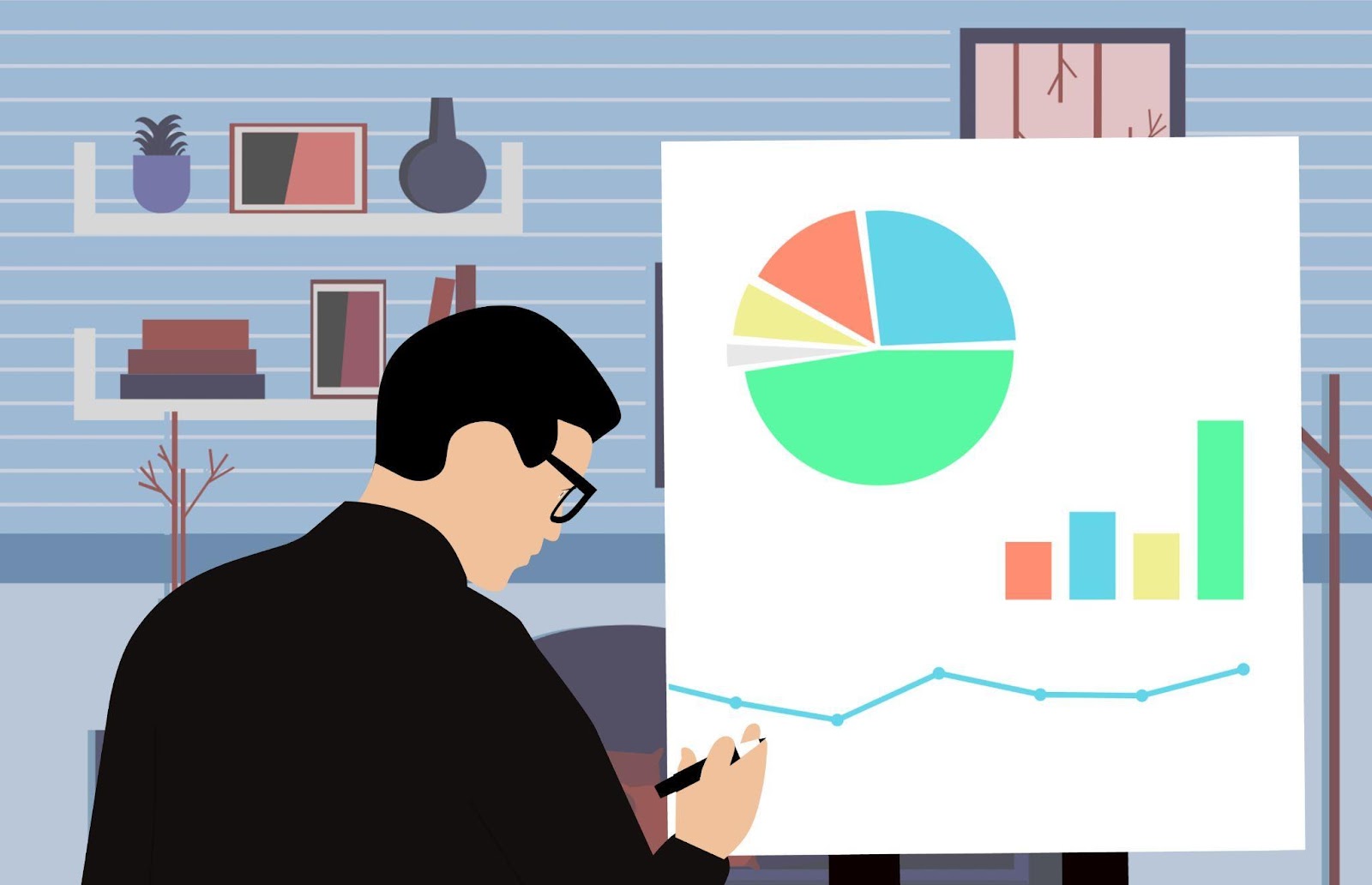 Man looking at pie chart and graph